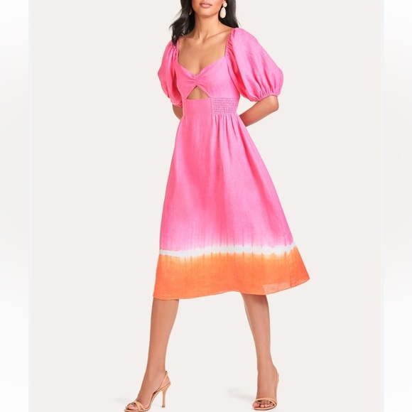 Pre-lived Sachin + Babi Vibrant Pink and Orange Bri Midi Dress Size 8 - Picture 2 of 7